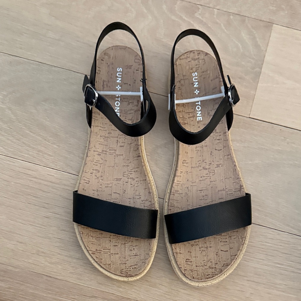 Sun + Stone Women's Black Leather Ankle Strap Sandals, size 11